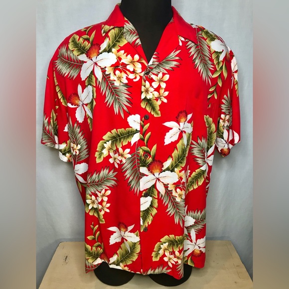 Vintage Two Palms Shirt Red Size 2XL Tiki Hawaiian Floral Palm Rayon Tropical - Picture 2 of 13